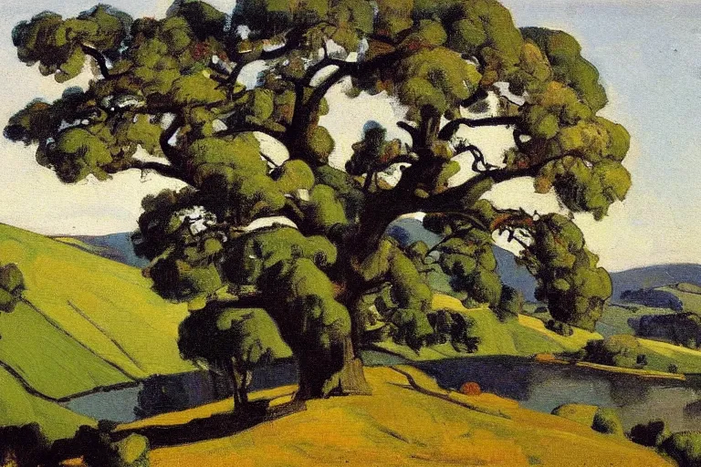 Image similar to masterpiece painting of oak trees on a hillside overlooking a creek, by harold gilman