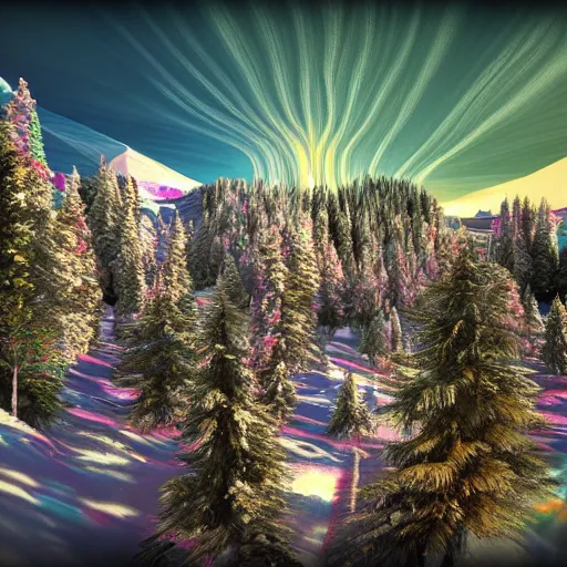 Prompt: psychedelic ski resort, iridescent colors, fractal sky, 3 d render, 8 k, detailed, epic lighting, ray tracing