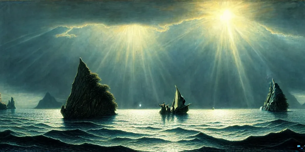 Image similar to three hobbits out at a lord of the rings scenery landscape, staring across the sea at a white timber sail boat leaving harbour, evening, god's rays highly detailed, vivid colour, soft clouds, full moon, cinematic lighting, perfect composition, gustave dore, derek zabrocki, greg rutkowski, belsinski