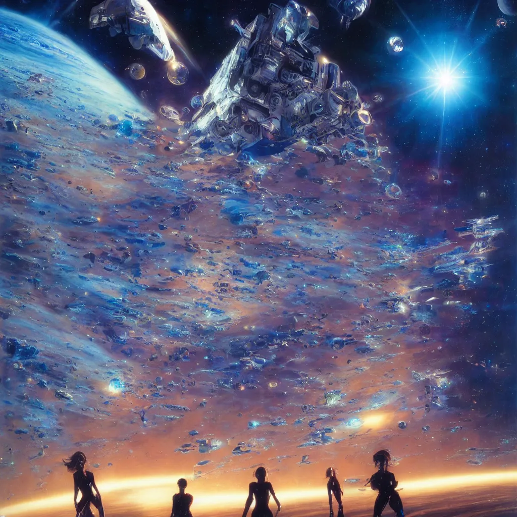 Prompt: the girl in the center looks at space, epic, volumetric light, hyperrealistic, glitter, mega detailed, beautiful composition, beautiful lighting, unreal render, 4 k, vincent di fate, john berkey, michael whelan