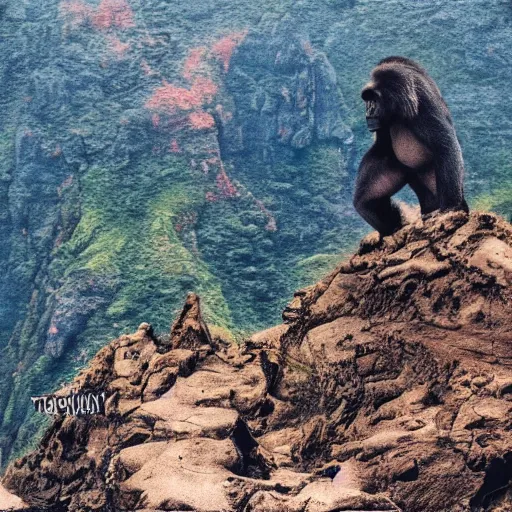 Image similar to king kong walking over madeira island, trampled, cinematic shot, realistic, hdr, color, wide shot, gigantic