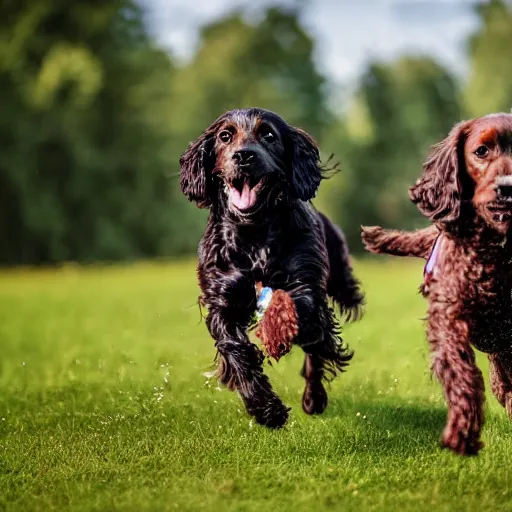 Prompt: Two spaniel dogs running, one light brown spaniel dog white hair chest and one is a black spaniel dog with white hair chest running in a meadow low angle realism epic background 4k