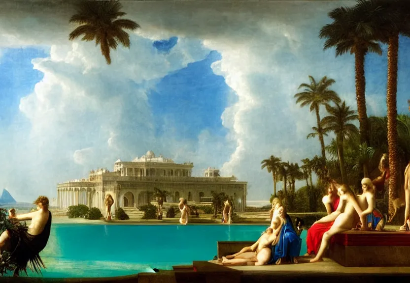 Image similar to Palace floating in the sky, 1km tall, thunderstorm, greek pool, beach and palm trees on the background major arcana sky, by paul delaroche, hyperrealistic 4k uhd, award-winning very detailed