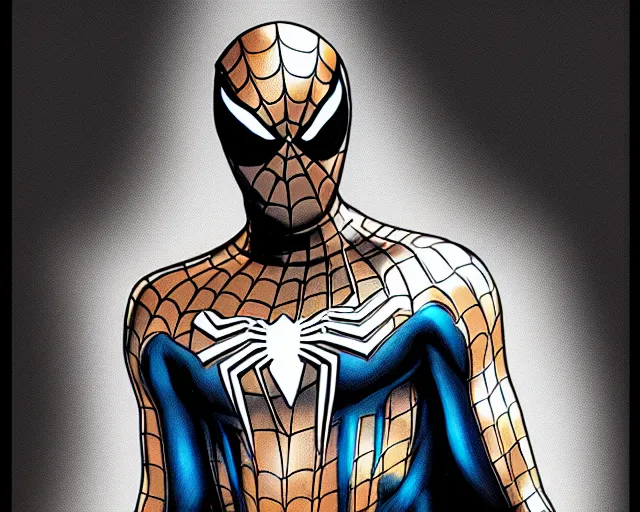 Image similar to photorealistic sketch of black spider - man with gold webbing