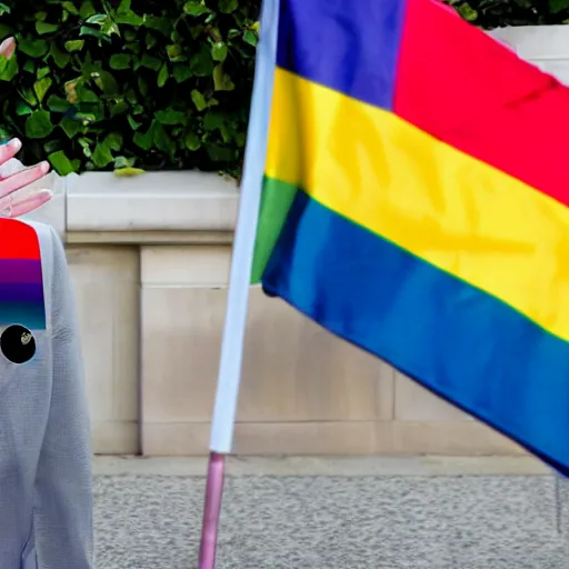 Image similar to Donald Trump wearing a dress and holding a pride flag