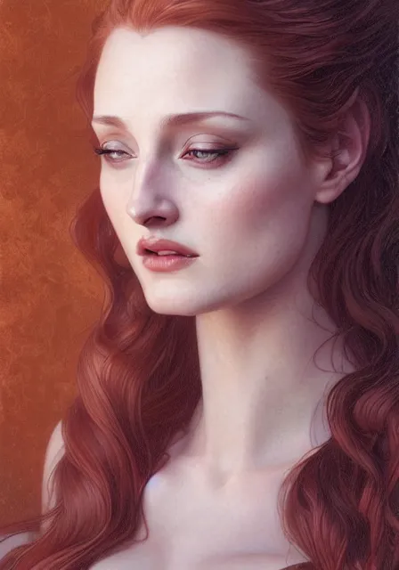 Image similar to sansa angeline jolie gessica chastain, intricate, elegant, highly detailed, digital painting, artstation, concept art, smooth, sharp focus, illustration, art by artgerm and greg rutkowski and alphonse mucha and william - adolphe bouguereau