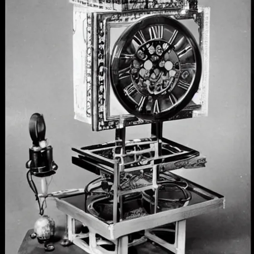 Image similar to albert einstein building intricate and complex clock time machine, vintage photograph