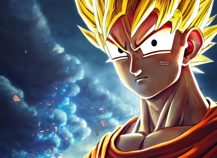 Image similar to highly detailed portrait of goku, in one punch man, stephen bliss, unreal engine, fantasy art by greg rutkowski, loish, rhads, ferdinand knab, makoto shinkai and lois van baarle, ilya kuvshinov, rossdraws, tom bagshaw, global illumination, radiant light, detailed and intricate environment