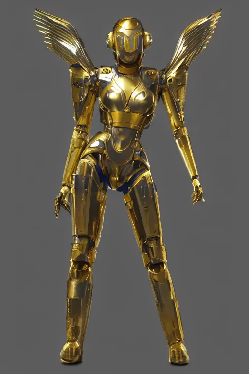 Image similar to maria of metropolis, humanoid robot, golden full body armor, deployed wings, beautiful helmet in the shape of a face, glowing yellow eyes, scifi, futuristic, raytracing, glowwave, sharp focus, cinematic lighting, artstation, divine, unreal engine 5 rendered, by fritz lang, art style by pixar warner bros dreamworks disney riot games and overwatch