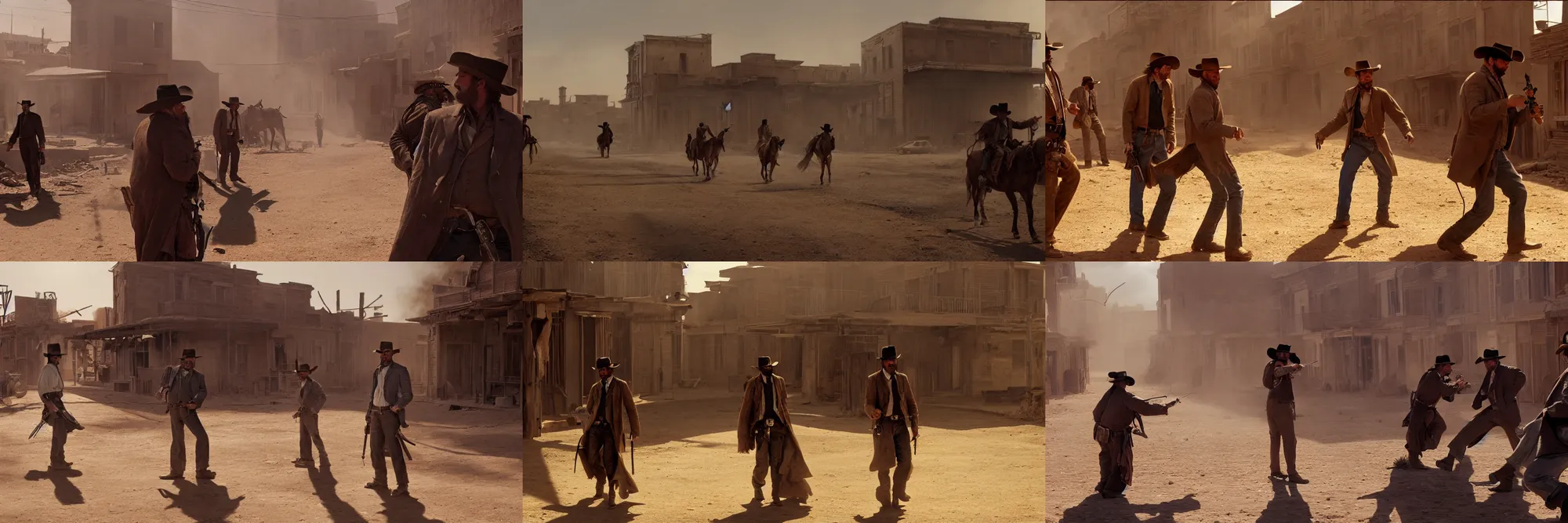 Prompt: a detailed cinematic shot of an old west duel between two gunmen in the dusty street of an abandonned far - west town, high noon, tumbleweeds, 8 k, dramatic lighting, short focal, fish eye, cinemascope ratio, cinematography by sergio leone, art by craig mullins and greg rutkowski and cedric peyravernay
