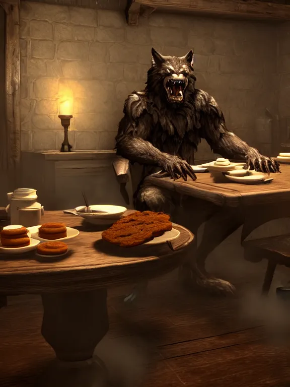 Image similar to cute handsome cuddly burly surly relaxed calm timid werewolf from van helsing sitting down at the breakfast table in the kitchen of a normal suburban home having fun baking cupcakes with orange frosting unreal engine hyperreallistic render 8k character concept art masterpiece screenshot from the video game the Elder Scrolls V: Skyrim