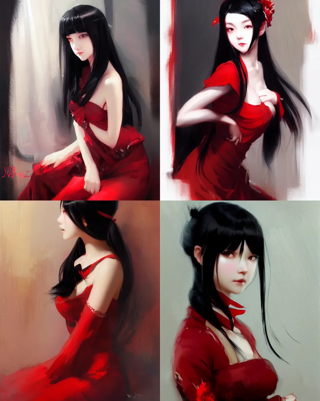 Prompt: girl with black hair and red dress, oriental face, half - length photo, soft lighting, by wenjun lin an krenz cushart, wide angle