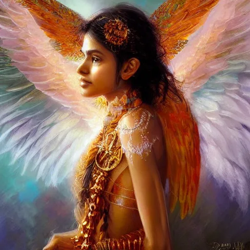 Image similar to Sri lankan girl as a winged angel covered in eyes with glowing halo, iridescent, seraphim, fantasy, intricate, elegant, highly detailed, digital painting, smooth, sharp focus, illustration,art by Daniel F. Gerhartz