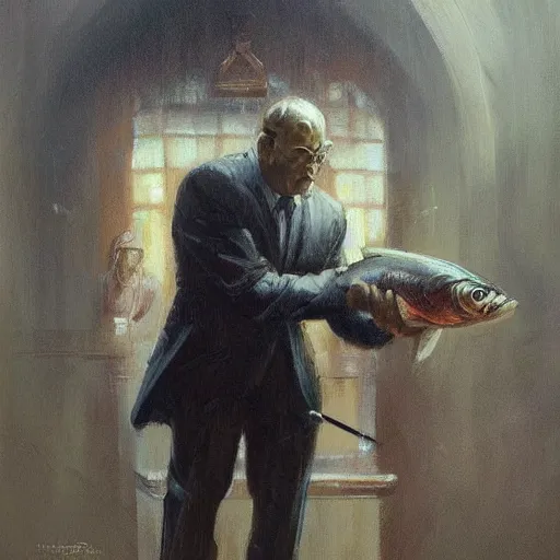 Prompt: A beautiful oil painting of a lawyer in court holding a trout, by Lucas Graciano, Frank Frazetta, Greg Rutkowski, Boris Vallejo, epic fantasy character art, Exquisite detail, post-processing, low angle, masterpiece, cinematic