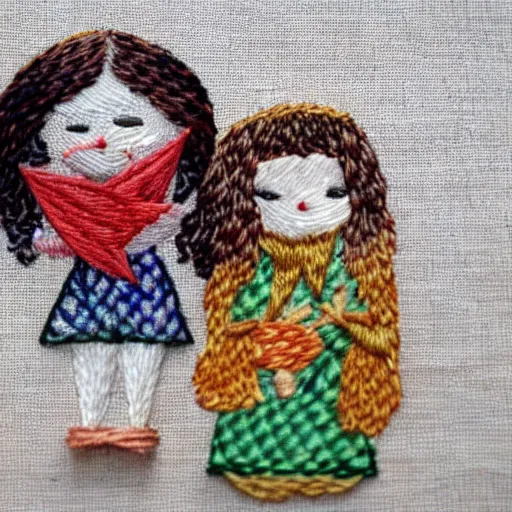 Image similar to a tiny beautiful handmade embroidery of two siblings, an older sister with curly brown hair and a younger brother with straight blonde hair. hand embroidery.