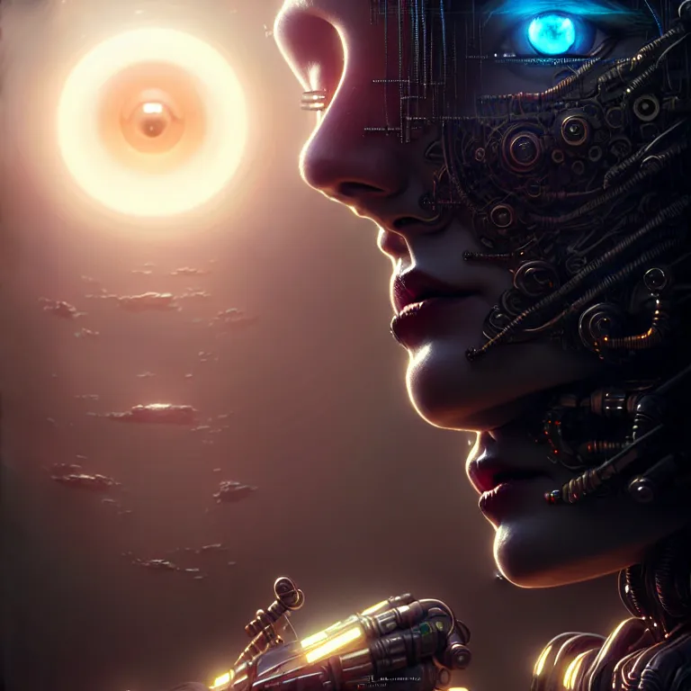 Image similar to ultra realistic beautiful cyborg deity eyes closed, scifi, cyberpunk, fantasy, intricate details, movie still, highly detailed, photorealistic, octane render, eerie, 8k, art by artgerm and michael welan and greg rutkowski