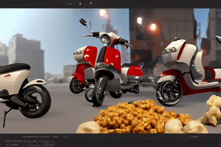 Image similar to scooter with bunch of dumplings, trending on artstation, unreal engine 5