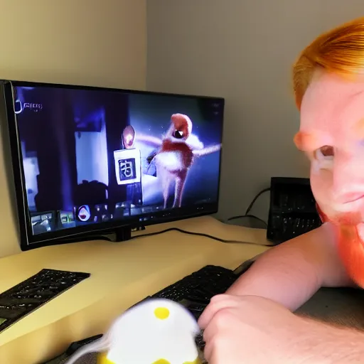 Image similar to a male ginger puppet streams games on his computer to twitch,