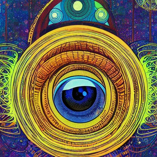 Image similar to an illustration of a giant eye surrounded by many strange things, a comic book panel by leo and diane dillon, behance, psychedelic art, salvia, tesseract, lovecraftian, cosmic horror