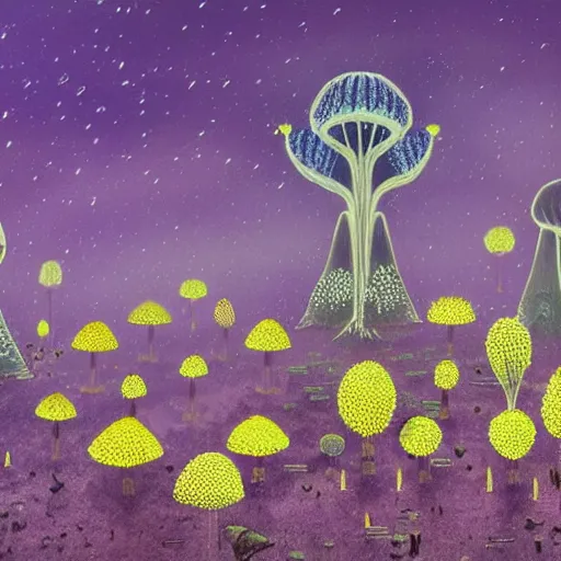 Prompt: a fungal city walking on many legs, in a dark mystical landscape with dark purple sky, with bioluminescent life