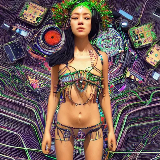 Image similar to deeper into the metaverse we go, piles of modular synth cables, kawaii puerto rican goddess swimming up wearing a headpiece made of circuit boards, by cameron gray, wlop, stanley kubrick, masamune, hideki anno, jamie hewlett, unique perspective, trending on artstation, 3 d render, vivid