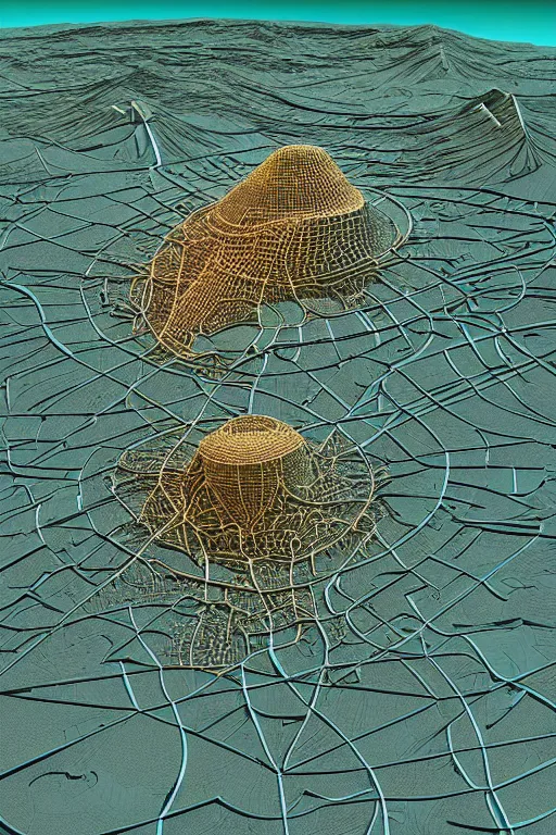 Image similar to a stunning 3 d map of an extraterrestrial territory with 3 d landmarks, award winning behance digital art, earth tones, geometric lines