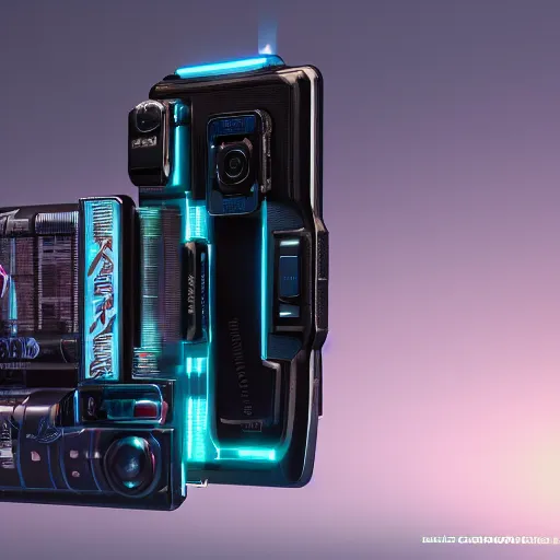 Prompt: cyberpunk smartphone with camera lens attached to it, ultra detailed, octane render, product photo