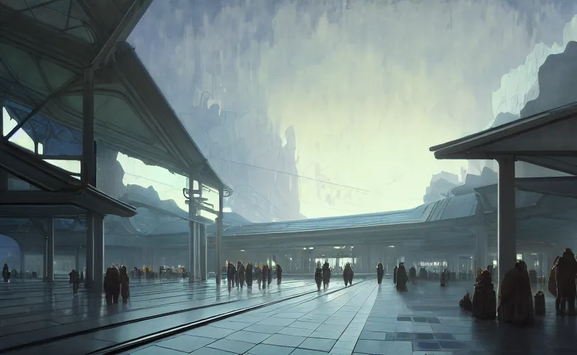 Image similar to painting of a wide angle exterior shot of a white modern futuristic utopian train station with cinematic lighting by peter zumthor and renzo piano, darek zabrocki and greg ruthkowski, alphonse mucha, simon stalenhag and cinematic and blue cold atmospheric, holy place, atmospheric, archillect concept art, artstation, trending on artstation