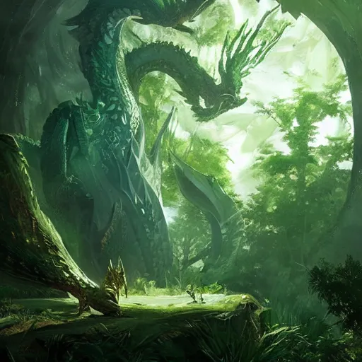 Prompt: A majestic emerald dragon guarding the sacred grove, its scales sparkling in the sparse sunlight, DnD digital concept art by Greg Rutkowski