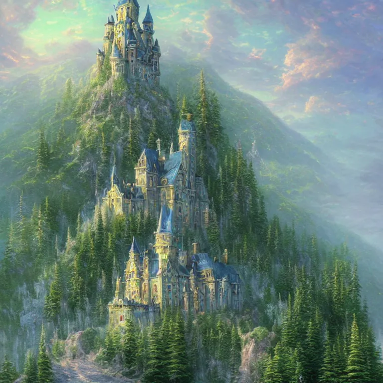 Prompt: a beautiful ultradetailed painting of an elegant high fantasy surreal arcane castle on a green mountain above a forest by thomas kinkade trending on artstation