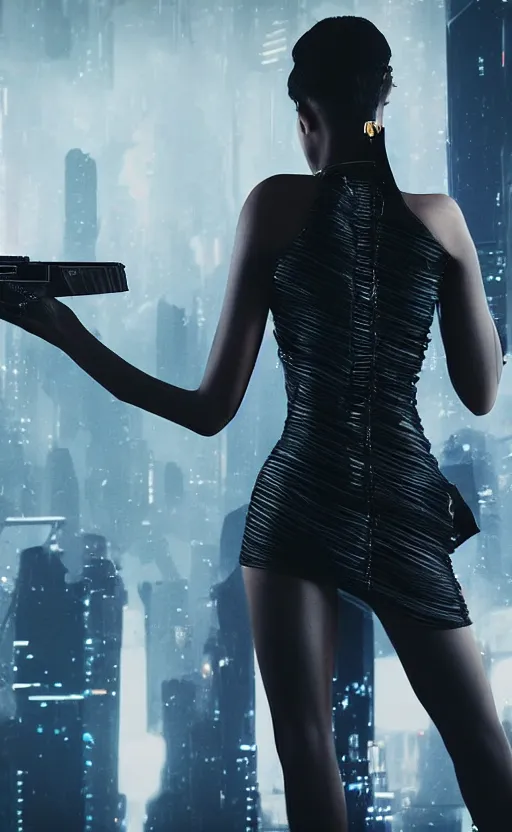 Prompt: Elegant Black woman in dress and heels, holding a futuristic pistol, her back is to us, looking at a futuristic Blade Runner city” 8K