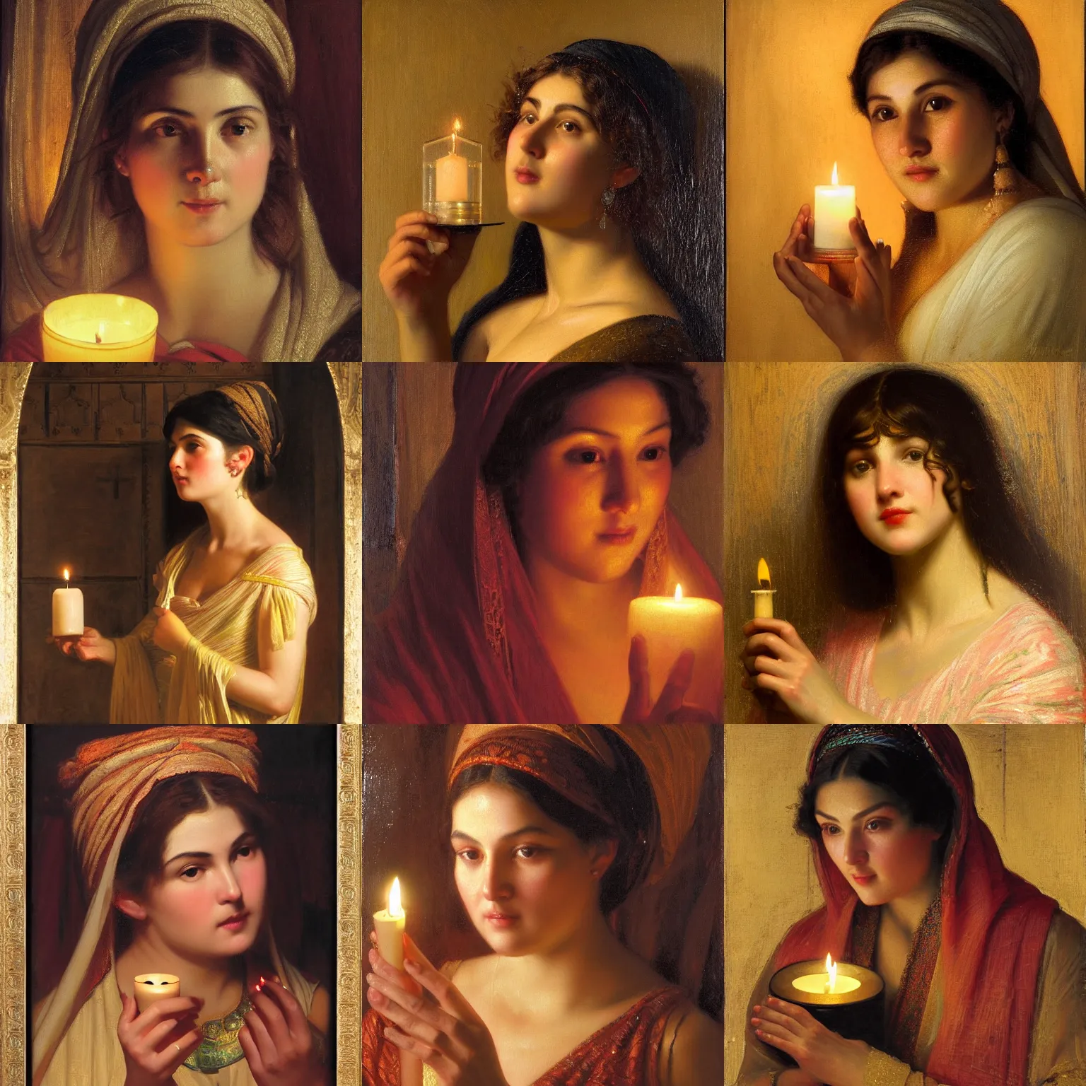 Prompt: orientalism face detail of a cute woman holding a candle in the dark by edwin longsden long and theodore ralli and nasreddine dinet and adam styka, masterful intricate art. oil on canvas, excellent lighting, high detail 8 k