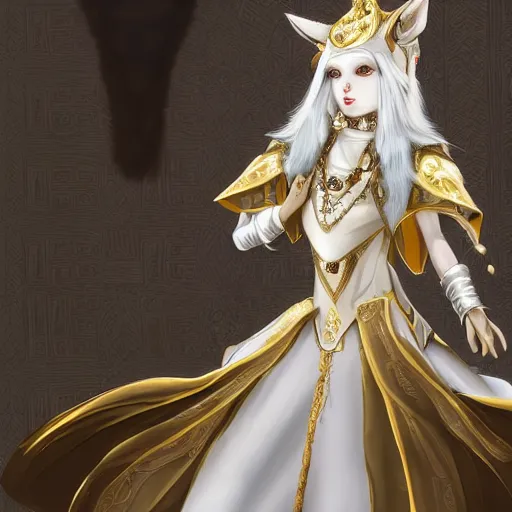 Image similar to commissioned full body portrait of a female anthro furry wolf-headed princess fursona with white hair wearing a white and gold chinese armored dress in a white and gold palace, by Wlop and jerry park, artstation, extremely detailed