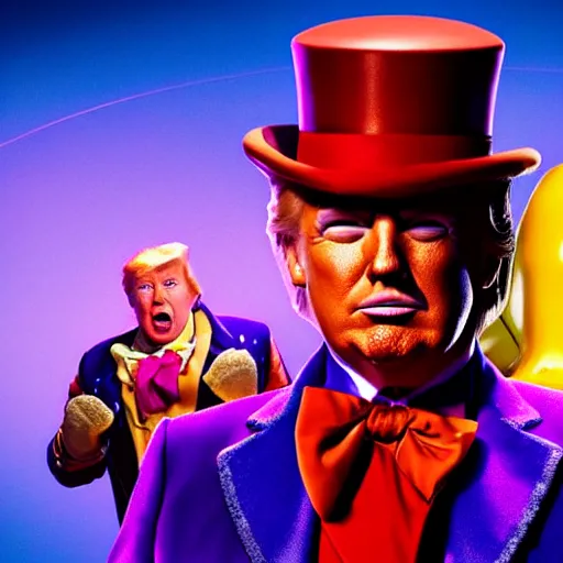 Image similar to portrait of donald trump as willy wonka in avengers movie, fantasy, splash art, avengers movie, movie still, detailed face, photorealistic facial features, cinematic lighting, dramatic, octane render, long lens, shallow depth of field, bokeh, anamorphic lens flare, 8 k, hyper detailed, 3 5 mm film grain