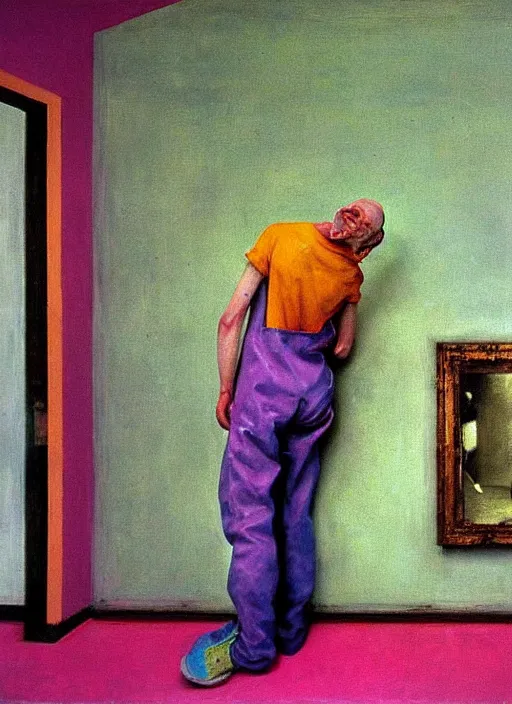 Prompt: a skinny, starving artist wearing overalls, painting the walls inside a chernobyl sarcophagus, hauntingly surreal, highly detailed painting by francis bacon, edward hopper, adrian ghenie, gerhard richter, and james jean, soft light 4 k in pink, green and blue colour palette