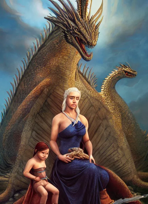 Image similar to queen daenerys stormborn with her dragon babies, by michael whelan, detailed matte painting, 8 k resolution