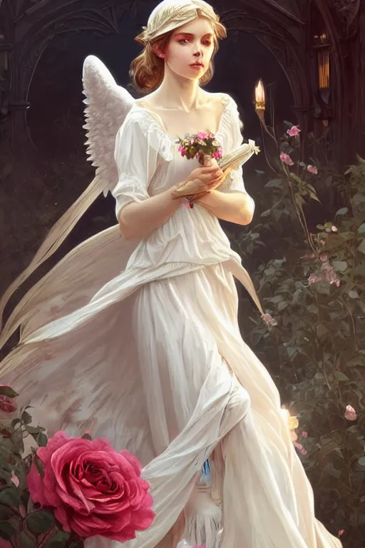 Image similar to angel dressed in a victorian roses white dress fashion, D&D, fantasy, intricate, elegant, highly detailed, digital painting, artstation, concept art, matte, sharp focus, illustration, art by Artgerm and Greg Rutkowski and Alphonse Mucha