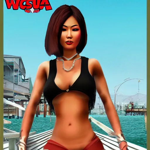 Image similar to Asian doll woman posed by a dock, GTA Cover art style