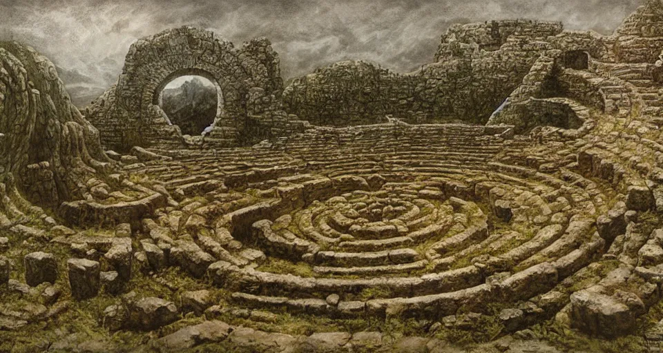 Prompt: ancient greek overgrown labyrinthwith with an gigantic ancient altar in the center, by beksinski, rutkovski, bosch, retro fantasy movie, highly detailed, photorealistic, illustration, matte painting, 8 k