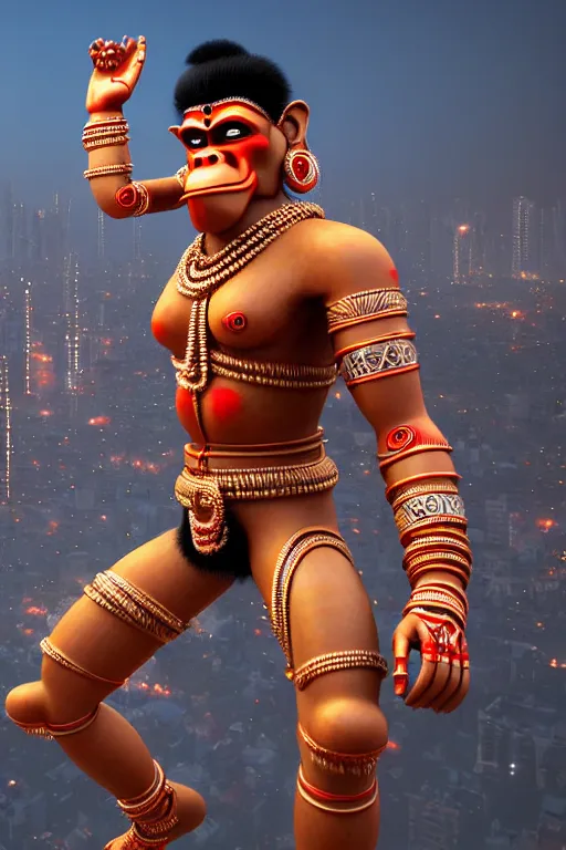 Image similar to high quality 3 d render cyborg hanuman! madhubani, highly detailed, cyberpunk!! mumbai in the background, unreal engine cinematic smooth, szukalski charlie immer, moody light, low angle, uhd 8 k, sharp focus