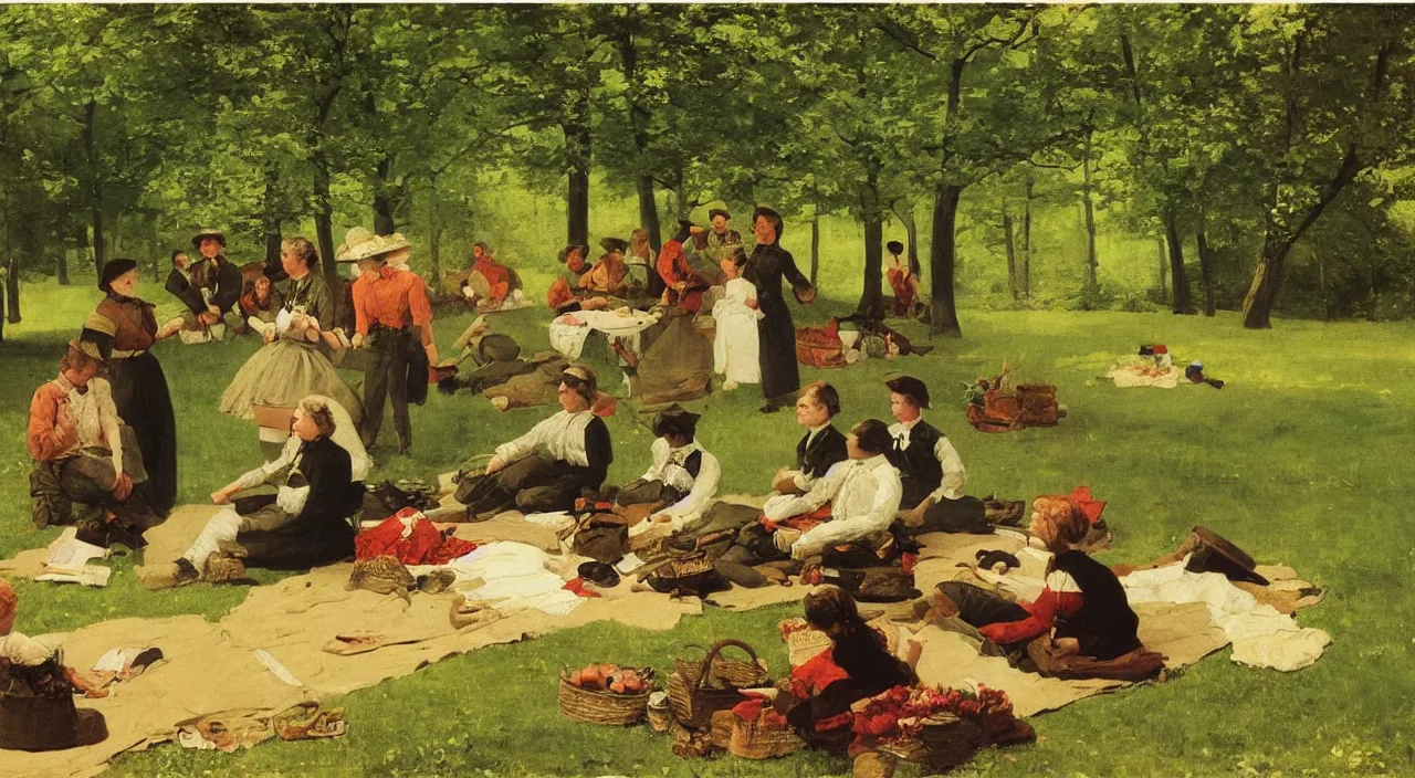 Image similar to the picnic, in Pennsylvania, 1850, painting by Winslow Homer, oil on canvas