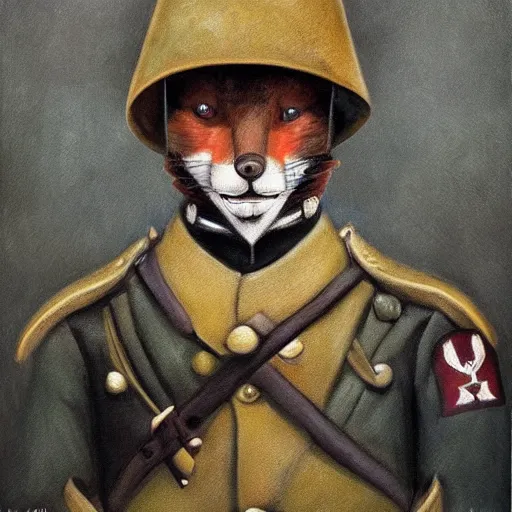 Prompt: 8k UHD, realism, painting in the style of WW1 propaganda, trending on artstation: (subject = anthropomorphic fox soldier resting + subject detail = fox head, anthropomorphic, in trenches, high detail, high detailed fabric, high texture detail)