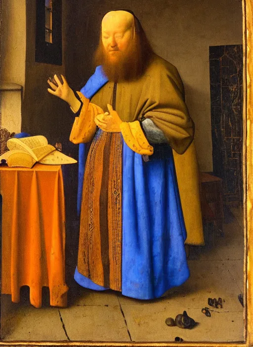 Image similar to bookchelf with curiosities, medieval painting by jan van eyck, johannes vermeer, florence