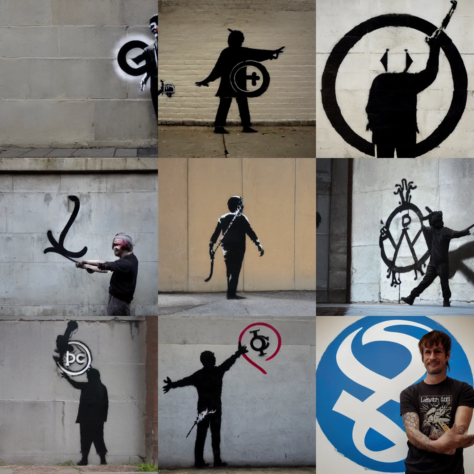 Prompt: a man holding the discord logo by banksy, high definition