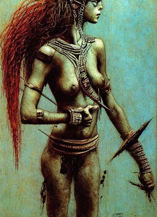 Image similar to warrior girl in tribal painting by Beksinski and Arthur Rackham