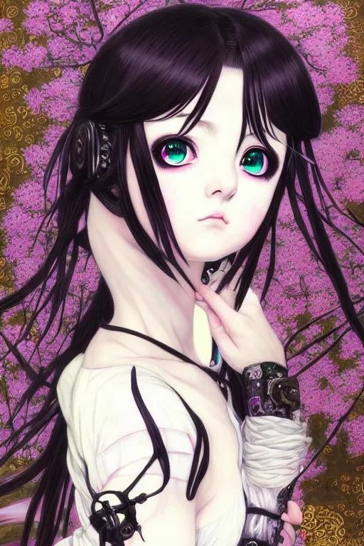 Image similar to portrait of beautiful young gothic anime maiden, cute-fine-face, pretty face, realistic shaded Perfect face, fine details. Anime, cyberpunk, Warhammer, highly detailed, cyberpunk, Warhammer, highly detailed, cyberpunk, Warhammer, highly detailed, artstation, illustration, art by Ilya Kuvshinov and Gustav Klimt and Gustav Klimt and Gustav Klimt and Gustav Klimt