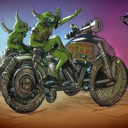 Prompt: psychedelic post-apocalyptic Orcish futuristic hoverbiker gang