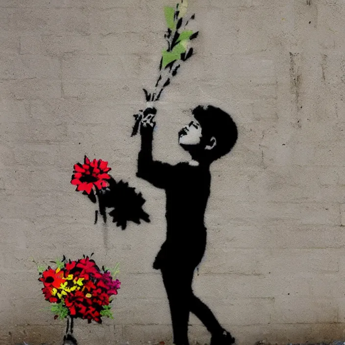 Prompt: a boy holding flowers in the style of Banksy, graffiti, digital art