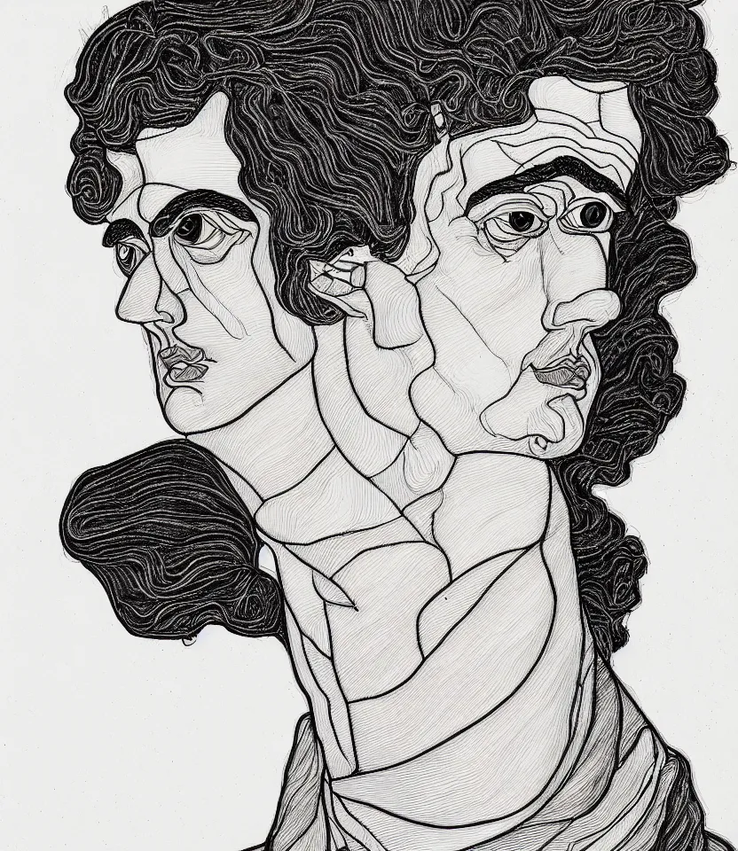 Image similar to detailed line art portrait of lord byron, inspired by egon schiele. caricatural, minimalist, bold contour lines, musicality, soft twirls curls and curves, confident personality, raw emotion