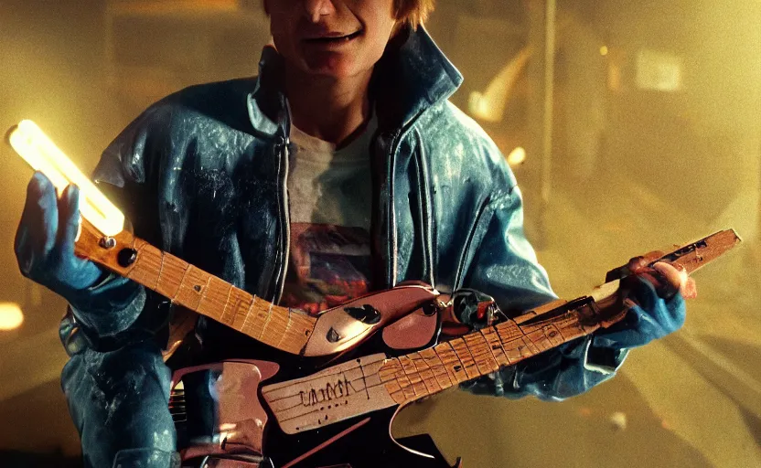 Image similar to found footage of Marty McFly playing a futuristic guitar, in liminal space, cyberpunk, film grain, dark lighting, realistic, photgraph, silent hill style, detailed cinematic lighting